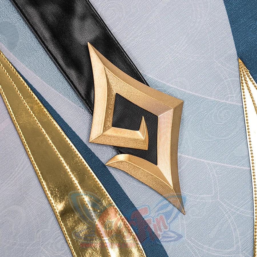 Dan Heng Permansor Terrae Cosplay Costume, a sharp gold ornament adorns the end of the leather ribbon.