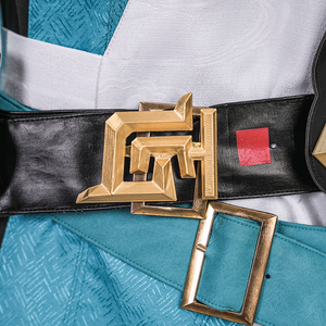 Dan Heng Permansor Terrae Cosplay Costume, black PU leather with gold belt buckle.