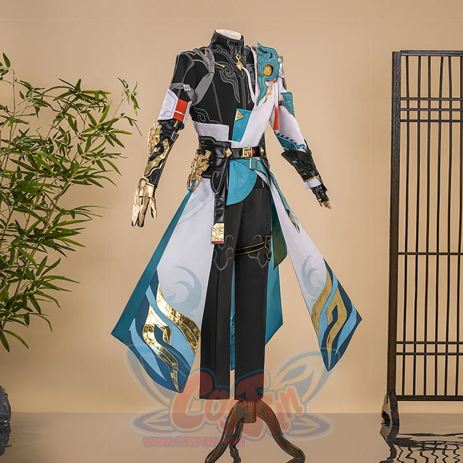 Dan Heng Permansor Terrae Cosplay Costume, black, white and teal outfit with gold decoration.