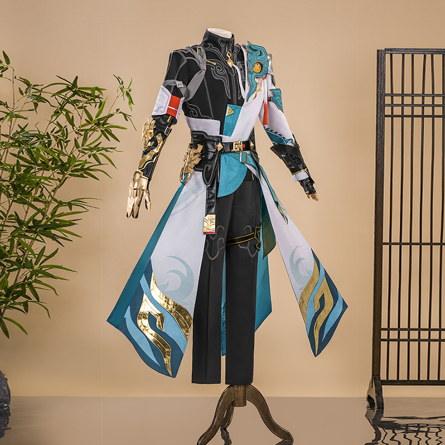 Dan Heng Permansor Terrae Cosplay Costume, black, white and teal outfit, front view.