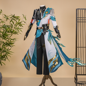 Dan Heng Permansor Terrae Cosplay Costume, black, white and teal outfit, right side view.