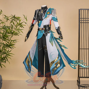 Dan Heng Permansor Terrae Cosplay Costume, black, white and teal outfit, right side view.