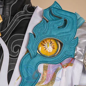 Dan Heng Permansor Terrae Cosplay Costume, a teal flame-like patterns decorated with gold eye on left shoulder.