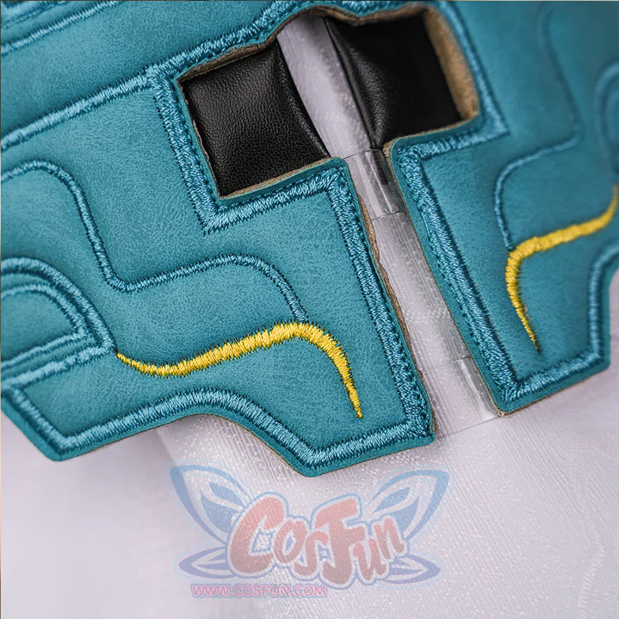 Dan Heng Permansor Terrae Cosplay Costume, blue geometric shoulder decorations with gold accents.