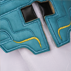 Dan Heng Permansor Terrae Cosplay Costume, blue geometric shoulder decorations with gold accents.