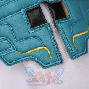 Dan Heng Permansor Terrae Cosplay Costume, blue geometric shoulder decorations with gold accents.