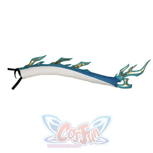 Dan Heng Permansor Terrae Cosplay Costume, the tail is white and teal with minimal gold embellishments.