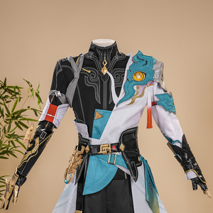 Dan Heng Permansor Terrae Cosplay Costume, the coat consists of asymmetrical flowing panels in white and teal.