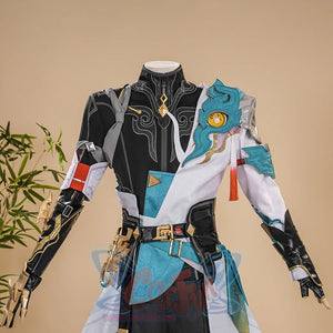 Dan Heng Permansor Terrae Cosplay Costume, the coat consists of asymmetrical flowing panels in white and teal.