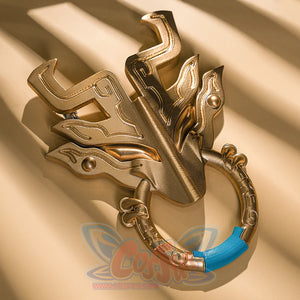Dan Heng Permansor Terrae Cosplay Costume, a gold dragon decoration.