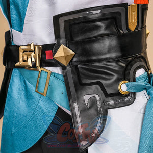 Dan Heng Permansor Terrae Cosplay Costume, black PU leather irregular waist guard, front view.
