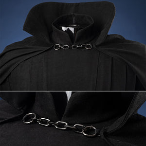 Luke Skywalker cosplay costume hood closeup with silver chain clasp detail