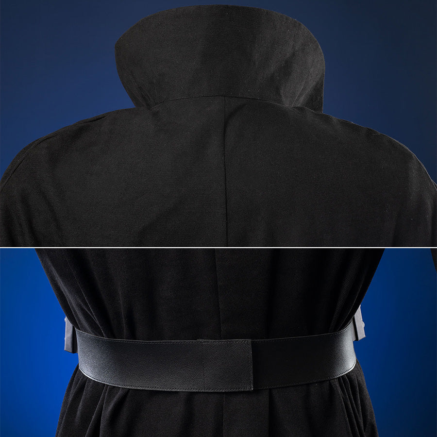 Luke Skywalker cosplay costume back view featuring hood and wide pleather waist belt