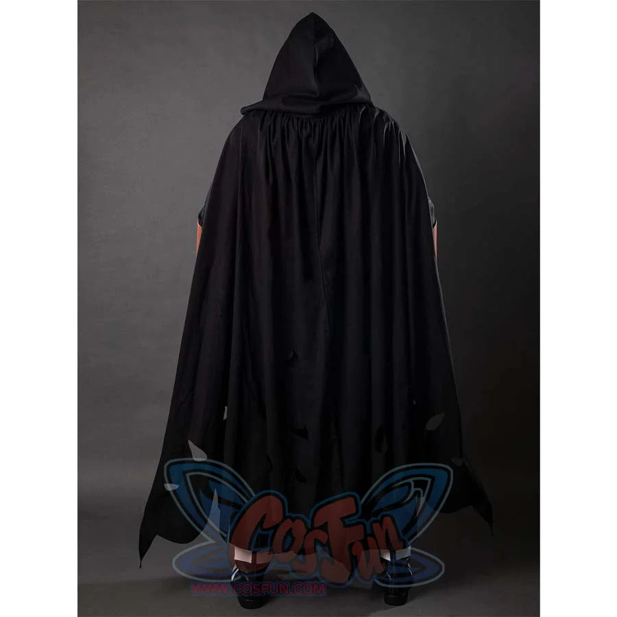 This picture shows the back view of a person wearing a black, tattered Darth Revan cosplay cloak with a hood.