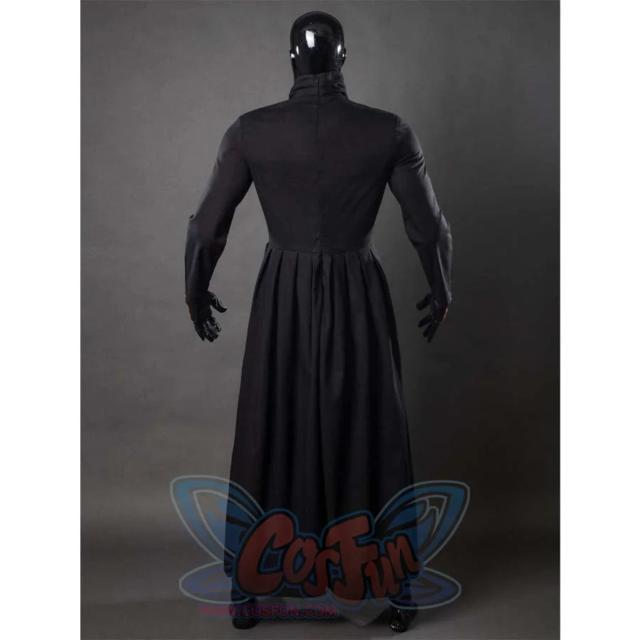 This picture shows the back view of the base layer of the Darth Revan cosplay costume, featuring a long black robe with a high collar.