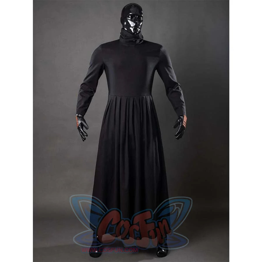 This picture displays the front view of the base layer of the Darth Revan cosplay costume, which is a long black robe.