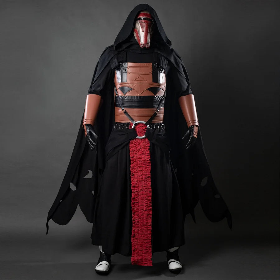 This picture presents the full front view of a mannequin dressed in a detailed Darth Revan cosplay costume, including a black cloak, a brown and black armored chest piece, and a red sash.