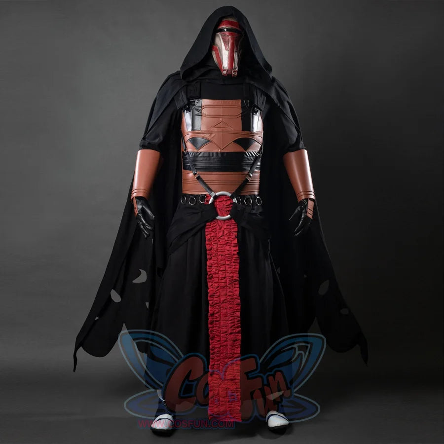 This picture presents the full front view of a mannequin dressed in a detailed Darth Revan cosplay costume, including a black cloak, a brown and black armored chest piece, and a red sash.