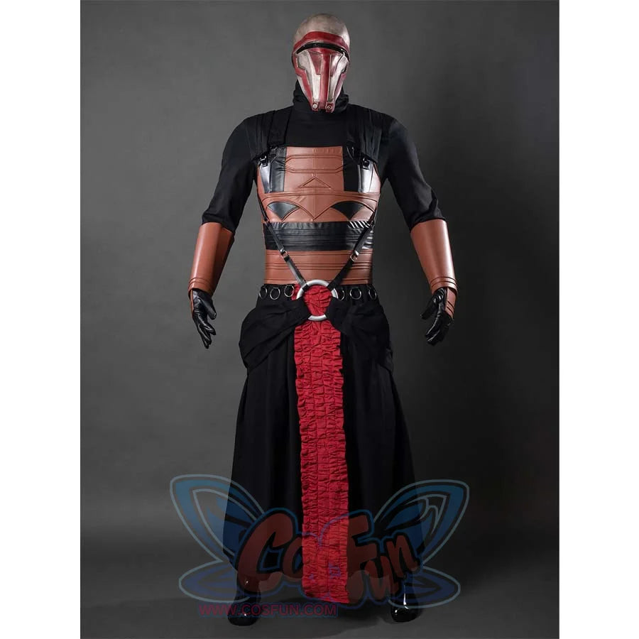 This picture presents the front view of a mannequin in a Darth Revan cosplay costume with armor, including a brown and black chest piece and a red sash.