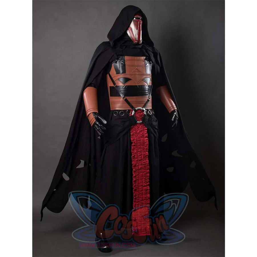 This picture shows a slightly angled front view of a mannequin in a Darth Revan cosplay costume, highlighting the intricate details of the armor and the flowing cloak.