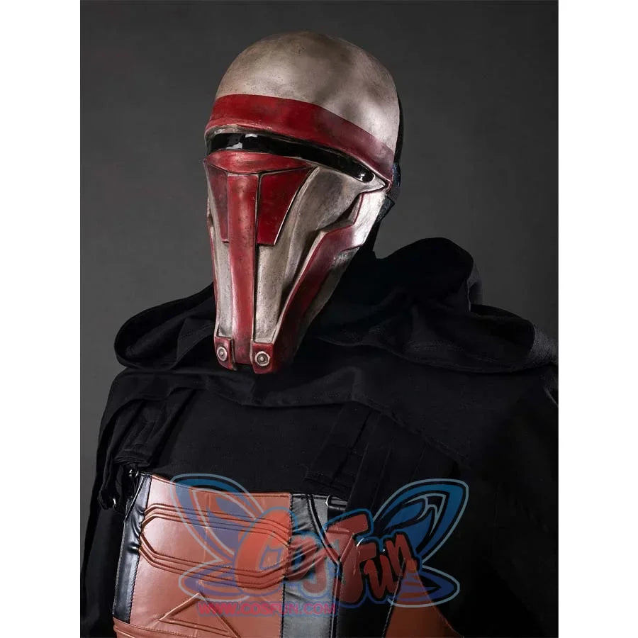 This picture presents a close-up of the mask of a Darth Revan cosplay costume, highlighting the intricate details and the combination of red and silver colors.