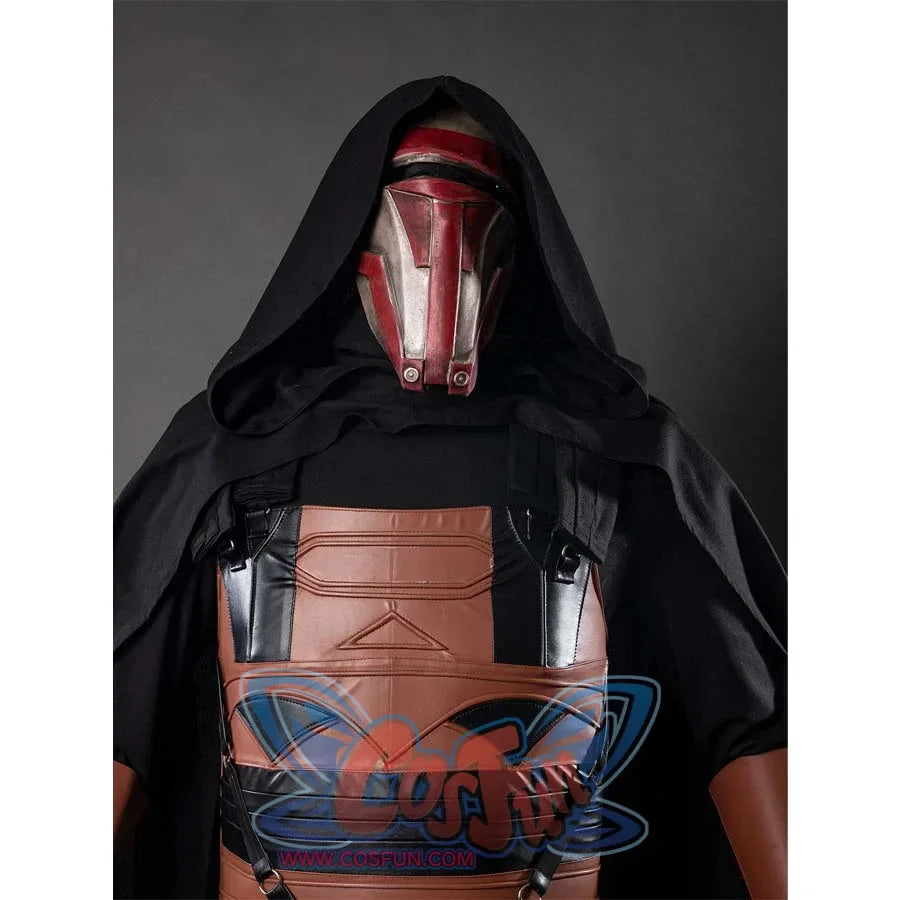 This picture shows a close-up of the upper body of a mannequin wearing a Darth Revan cosplay costume, featuring a black hooded cloak, a red and silver mask, and a brown and black armored chest piece.