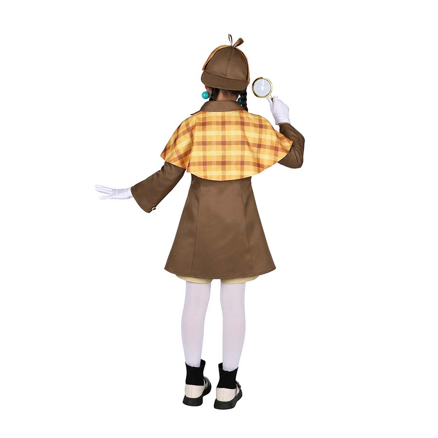 Back view of the Detective Peach costume, featuring the checkered cape, brown coat, and magnifying glass prop.