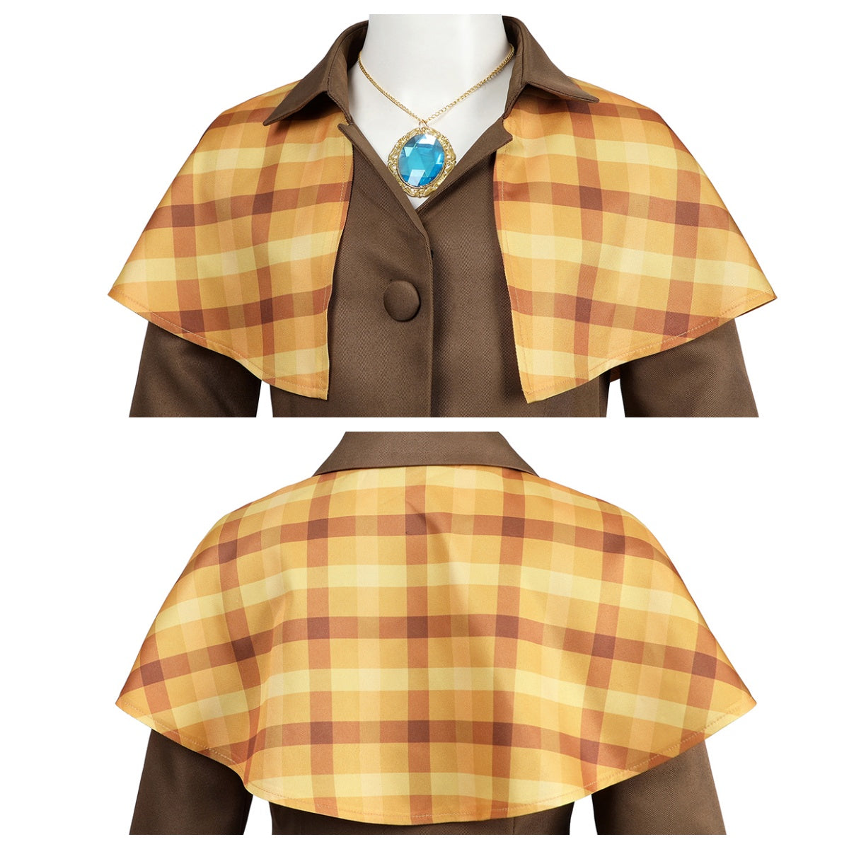 Close - up details of the checkered cape and blue gem necklace of the Detective Peach costume.