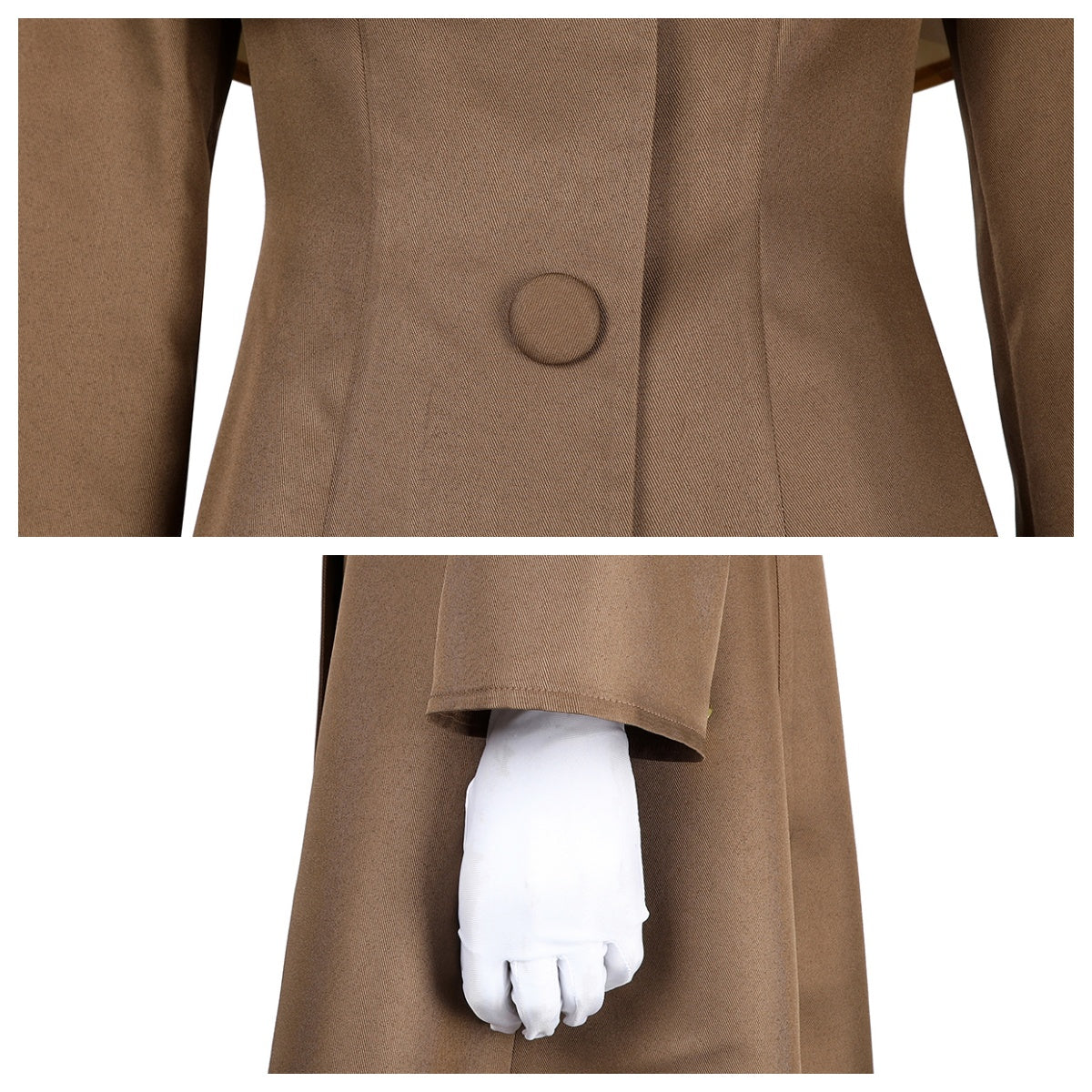 Details of the brown coat in the Detective Peach costume, showing front button and sleeve with white glove.