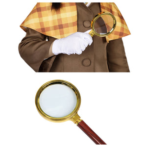 Magnifying glass prop of the Detective Peach costume, gold - rimmed with wooden handle, shown in hand and close - up.