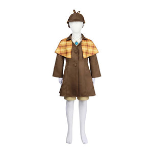 Detective Peach costume on a mannequin, presenting the brown coat, checkered cape, hat, and necklace.