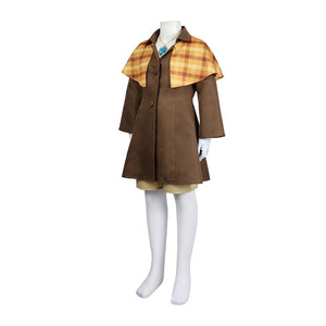 Side view of the Detective Peach costume on a mannequin, showcasing the brown coat, checkered cape, and gloves.