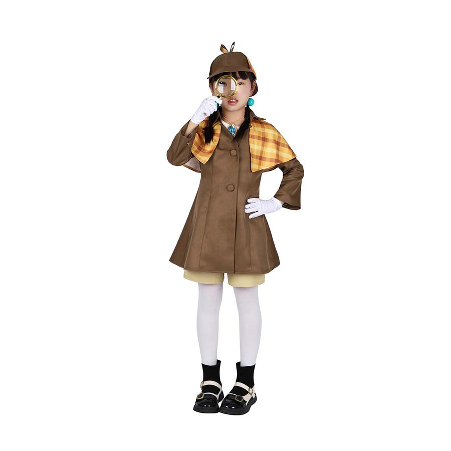 Front display of the Detective Peach costume, featuring the brown coat, checkered cape, hat, and accessories like the magnifying glass.
