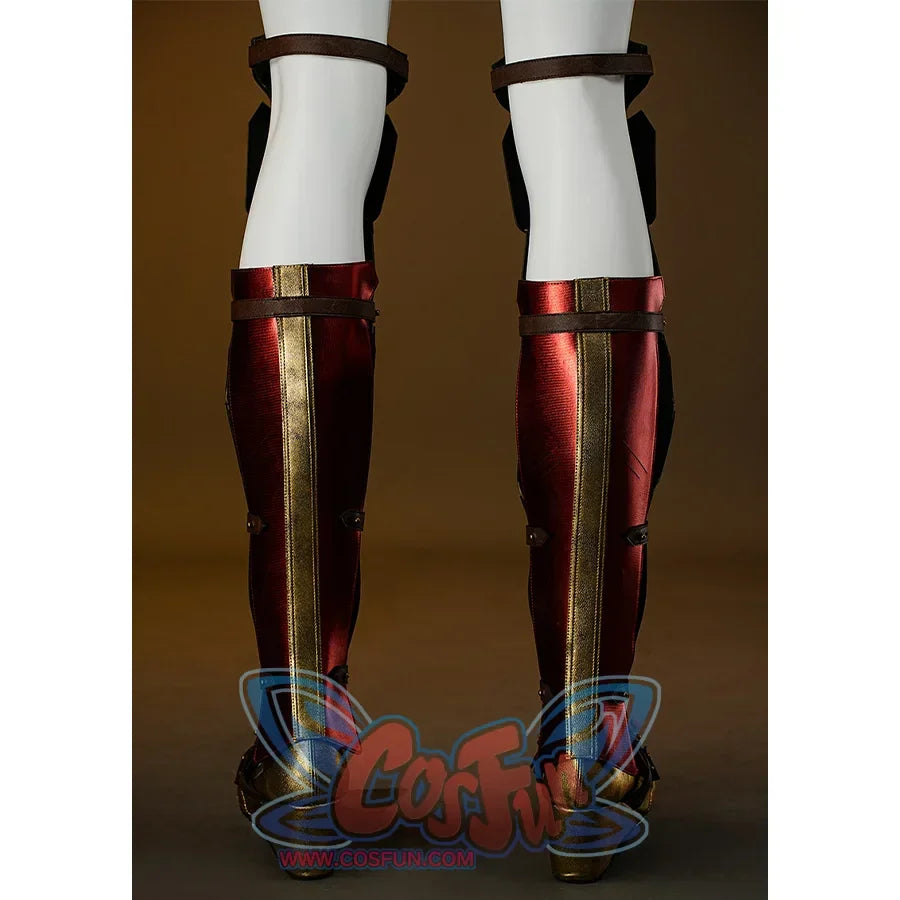 Diana Prince Cosplay Shoes back view, the shoes and shoes cover are made of PU leather, with red and gold colors, the the back of the shoes cover is shorter than the front, the shoes cover are secured with brown PU leather straps.