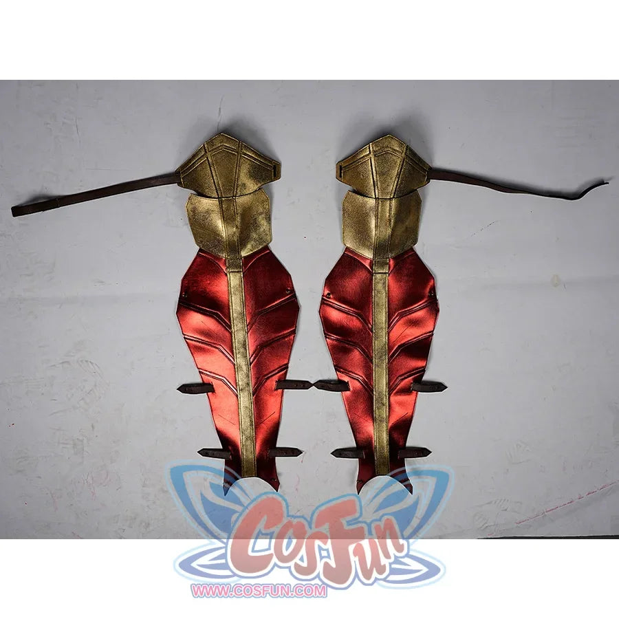 Diana Prince Cosplay Shoes front cover, the shoes cover are mainly made of PU leather, with red and gold colors, and the shoes cover are very long, reaching the knees.