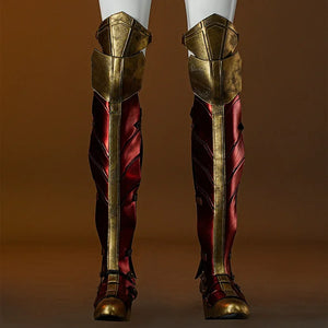 Diana Prince Cosplay Shoes, the shoes and shoes cover are mainly made of PU leather, with red and gold colors, and the shoes cover are very long, reaching the knees, and the overall look is like combat boots.