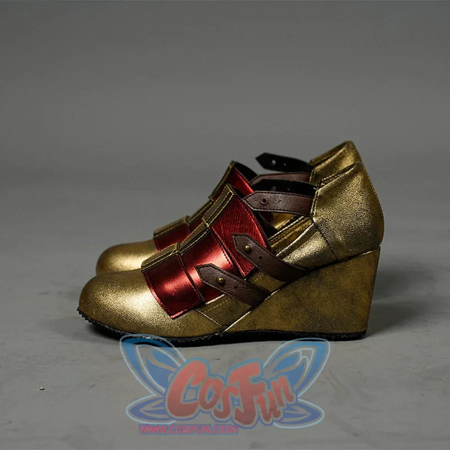 Diana Prince Cosplay Shoes&#39;s side view,    the wedge heels made of PU leather, with red and gold colors, it has some brown belt decoration, the overall metallic texture.