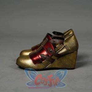 Diana Prince Cosplay Shoes's side view,    the wedge heels made of PU leather, with red and gold colors, it has some brown belt decoration, the overall metallic texture.