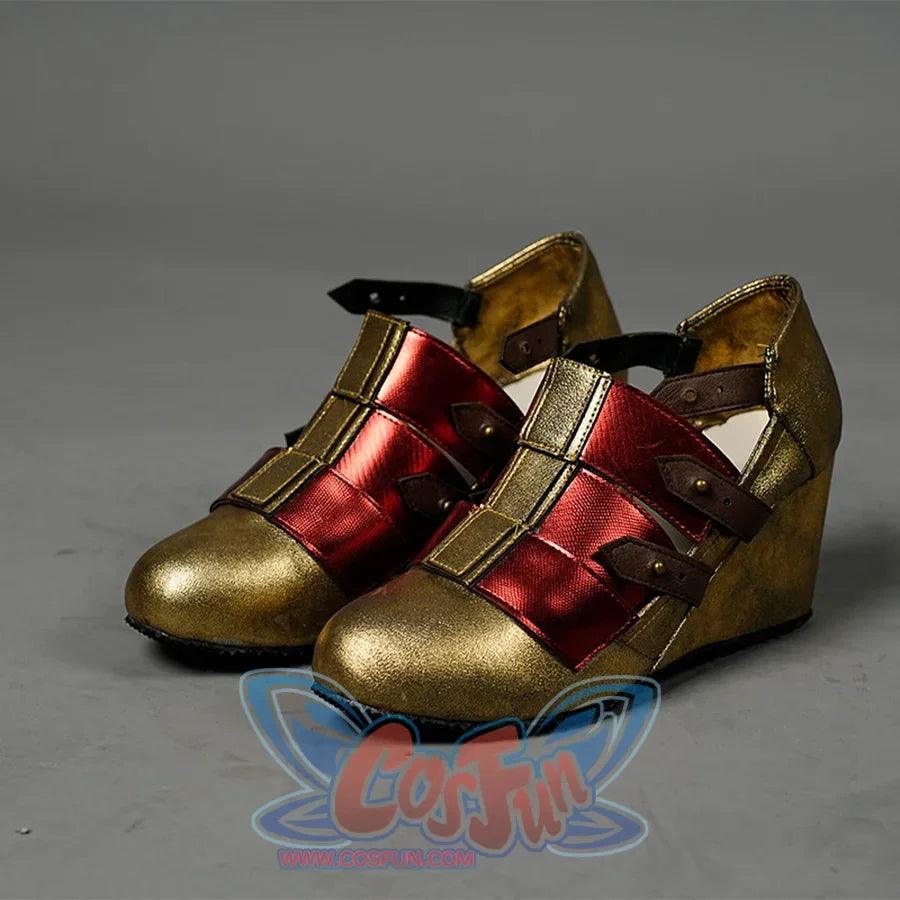 Diana Prince Cosplay Shoes is wedge heels, which mainly made of PU leather, with red and gold colors, it has some brown belt decoration, the overall metallic texture.