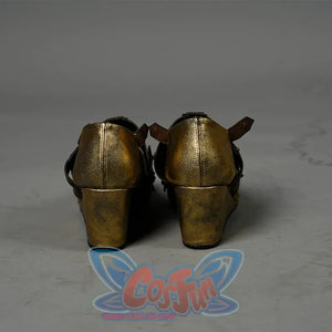 Diana Prince Cosplay Shoes's back view is gold colors with metallic texture, it has some brown belt decoration, the whole has been treated with old.