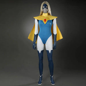 Dispatch Mandy cosplay costume full body front view with blue bodysuit and yellow cape