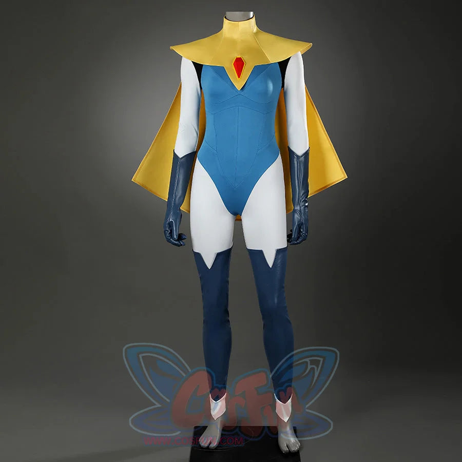 Dispatch Mandy cosplay costume full body front view with blue bodysuit and yellow cape