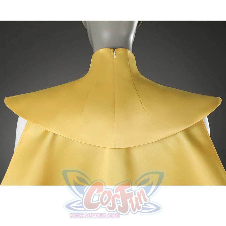Dispatch Mandy cosplay costume yellow shoulder cape back view showing construction