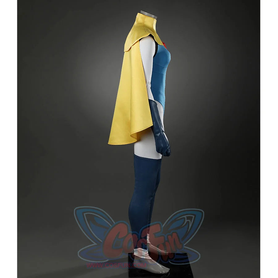 Dispatch Mandy cosplay costume profile view highlighting flowing yellow cape detail