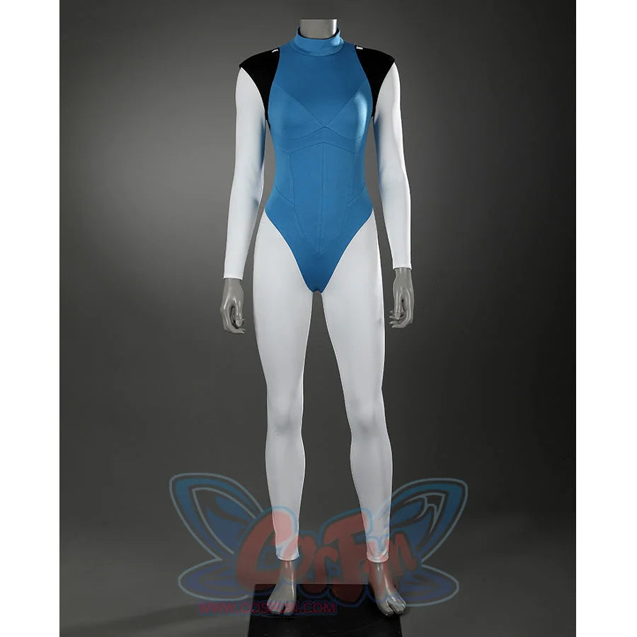 Dispatch Mandy cosplay costume blue bodysuit front view without cape accessories