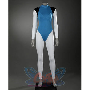 Dispatch Mandy cosplay costume blue bodysuit front view without cape accessories