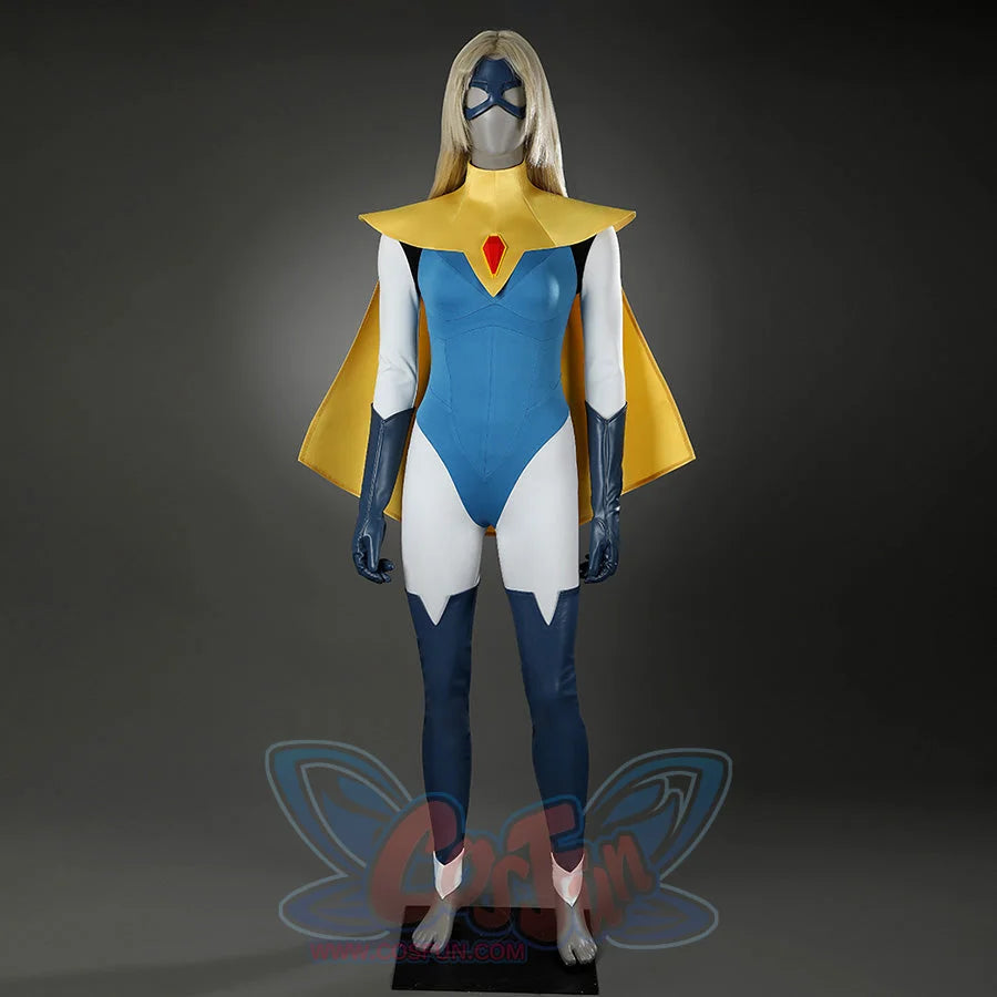 Dispatch Mandy cosplay costume full body front view on mannequin with yellow cape and blue bodysuit