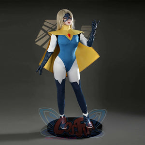 Dispatch Mandy cosplay costume displayed on stand showing dynamic pose and full outfit