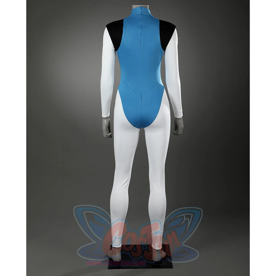 Dispatch Mandy cosplay costume blue bodysuit back view showing shoulder detail