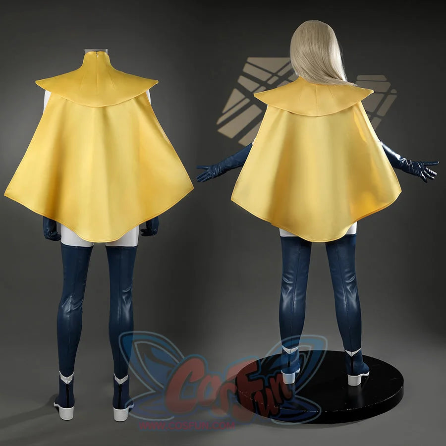 Dispatch Mandy cosplay costume back view comparison showing yellow cape from different angles
